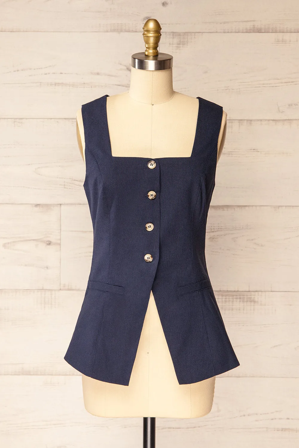 Danda Navy | Longline Button-Down Vest Top sold by Boutique 1861