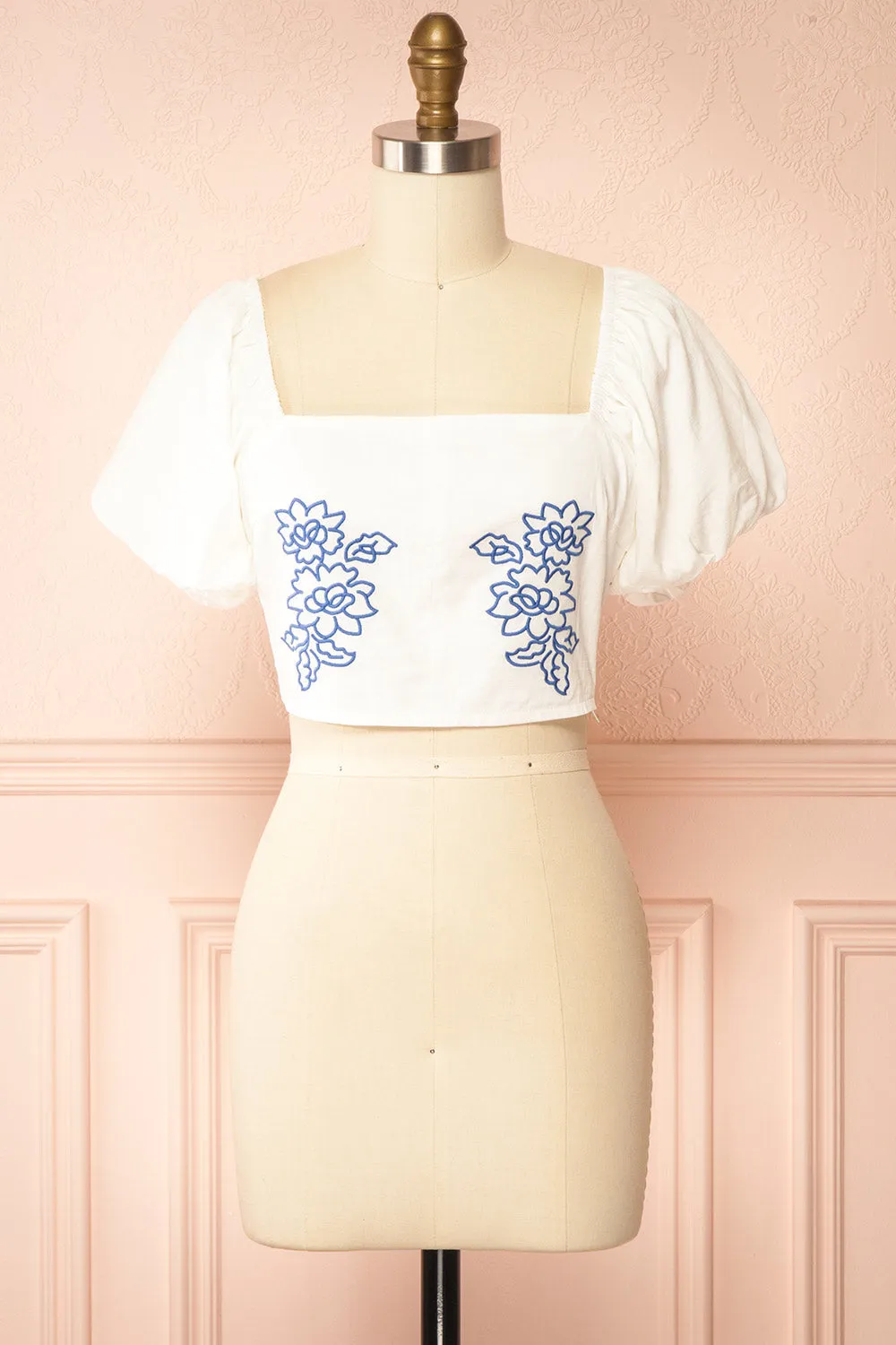 Sonnet | White Corset Top with Blue Floral Embroidery sold by Boutique 1861