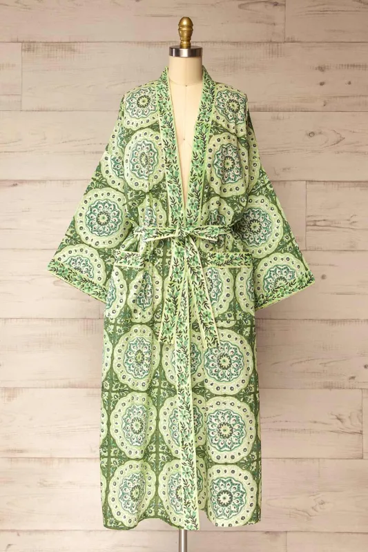Gokyo | Green Paisley Patterned Kimono with Belt and Pockets sold by Boutique 1861