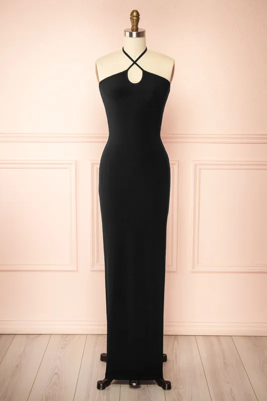 Leora Black | Long Dress with Criss-Cross Halter Neckline made by Boutique 1861