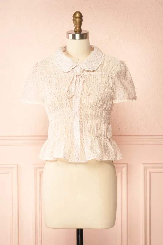 Fatou | Pink Floral Ruched Blouse with Lace Trim sold by Boutique 1861