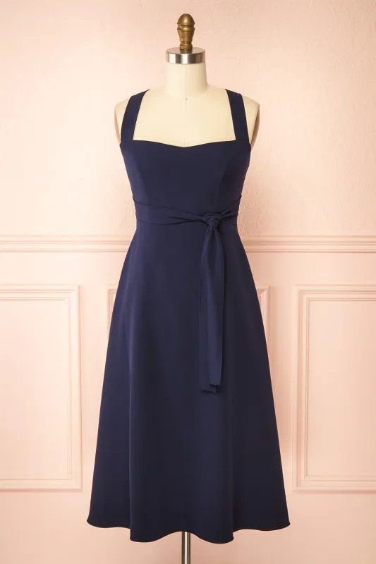 Valentina Navy | Midi A-line Dress with Adjustable Straps sold by Boutique 1861