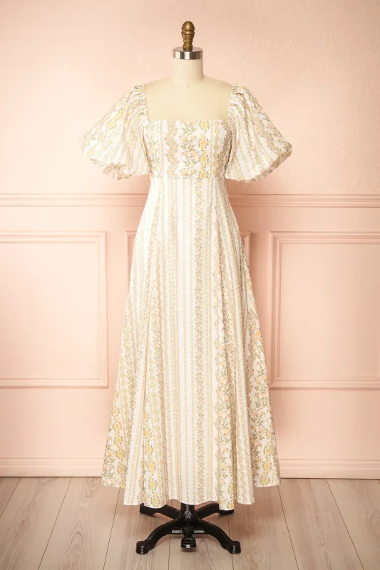 Bachira Beige | Long Floral Dress with Back Tie and Pockets sold by Boutique 1861