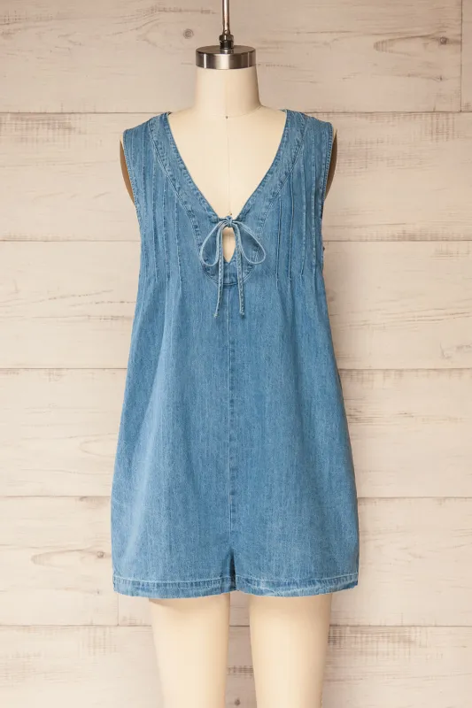 Dnipro | Denim Romper with Pockets and Pleats sold by Boutique 1861