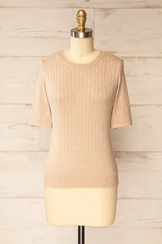 Deurali | Beige Ribbed Fitted Top sold by Boutique 1861