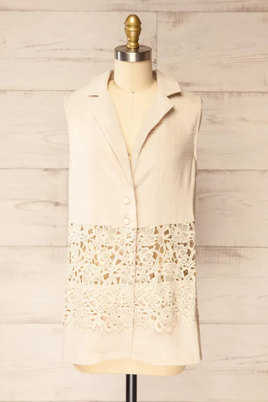 Fanon | Loose Beige Button-Down Vest with Lace Cutout sold by Boutique 1861