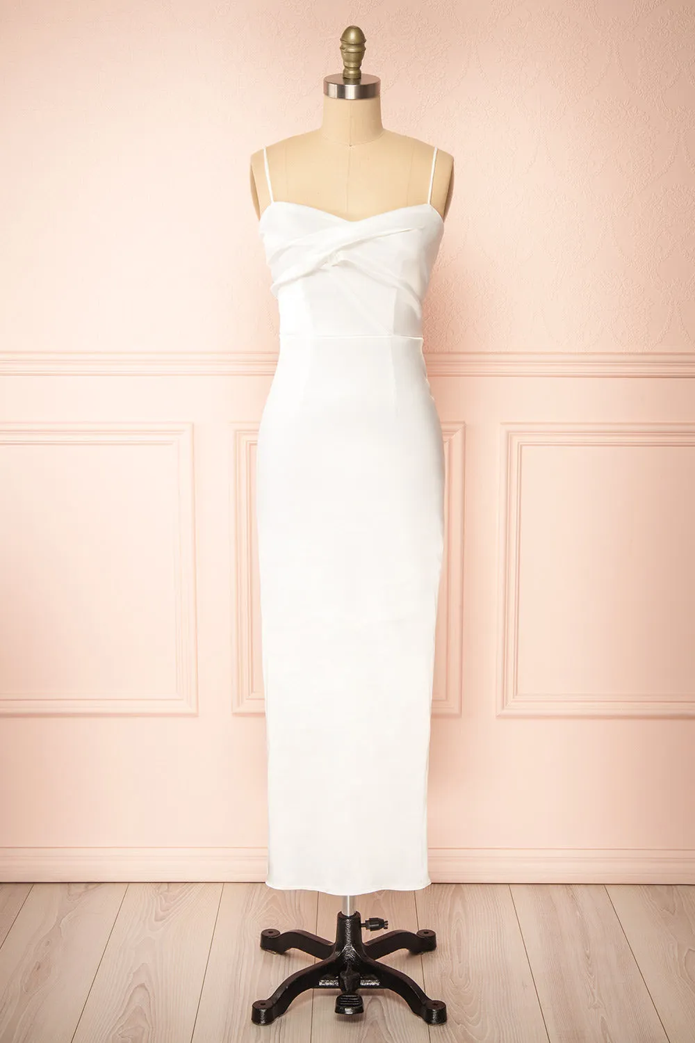 Galilea | White Satin Midi Dress w/ Twist Front sold by Boutique 1861