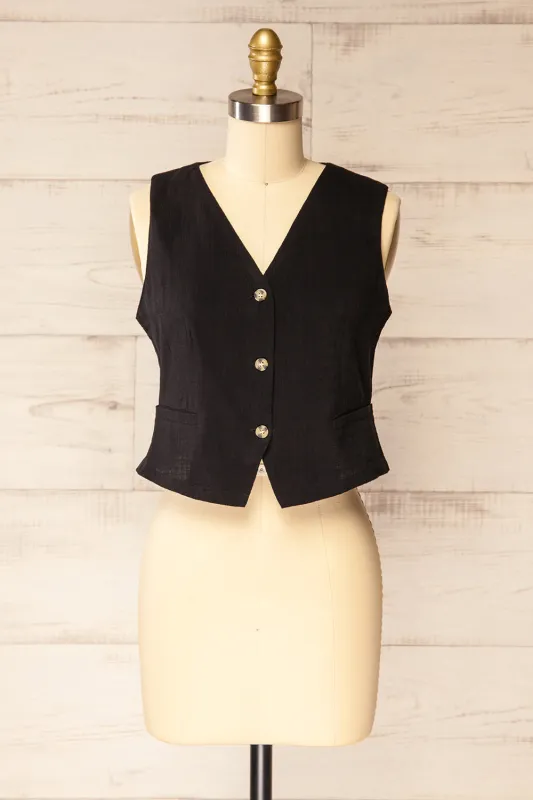 Deng Black | Sleeveless Tailored Vest with Marbled Buttons sold by Boutique 1861