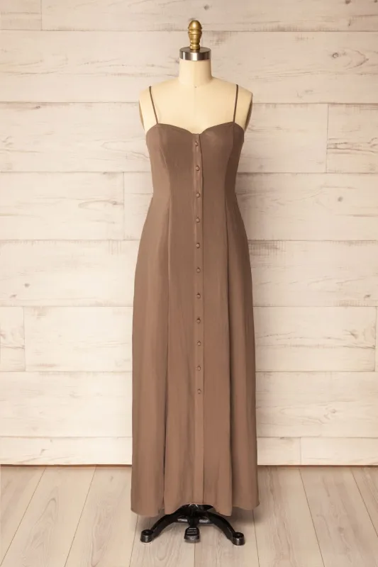 Tomiko | Khaki Button-Down Midi Dress with Pockets sold by Boutique 1861