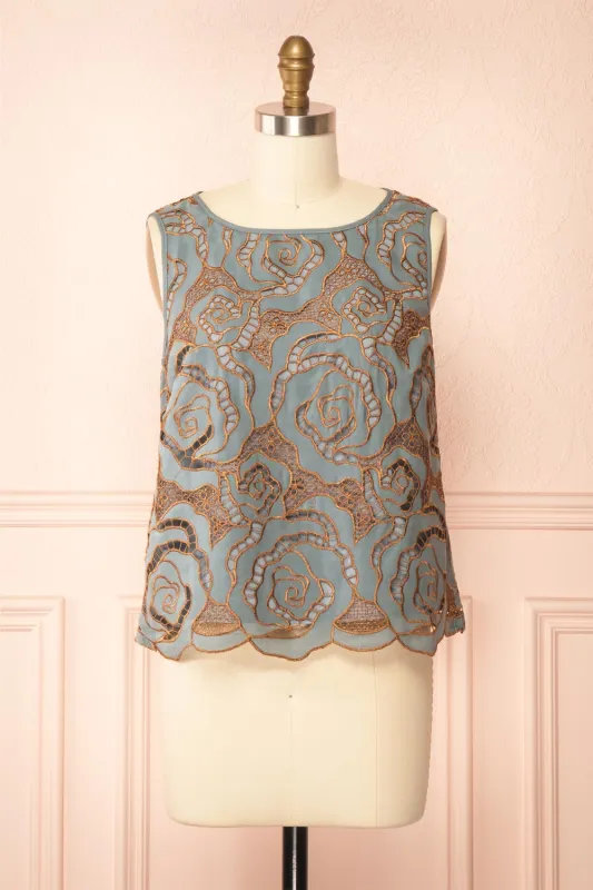 Jabirah  | Blue Sleeveless Top with Copper-Toned Pattern sold by Boutique 1861