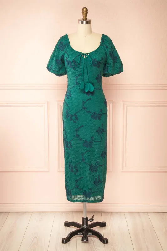 Anora | Textured Green Midi Dress with Floral Pattern sold by Boutique 1861