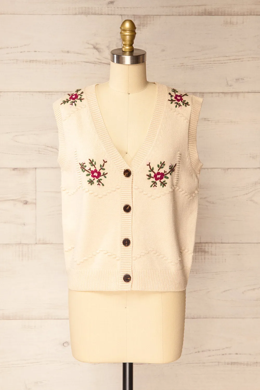 Gjilan | Beige Knit Vest with Floral Embroidery sold by Boutique 1861