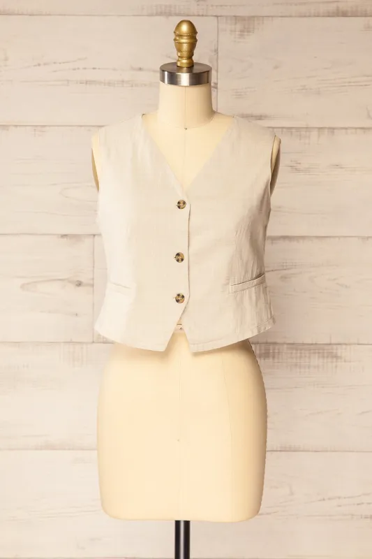 Deng Beige | Sleeveless Tailored Vest with Marbled Buttons sold by Boutique 1861