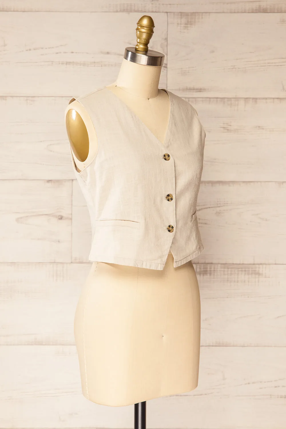 Deng Beige | Sleeveless Tailored Vest with Marbled Buttons sold by Boutique 1861 product image thumbnail 4