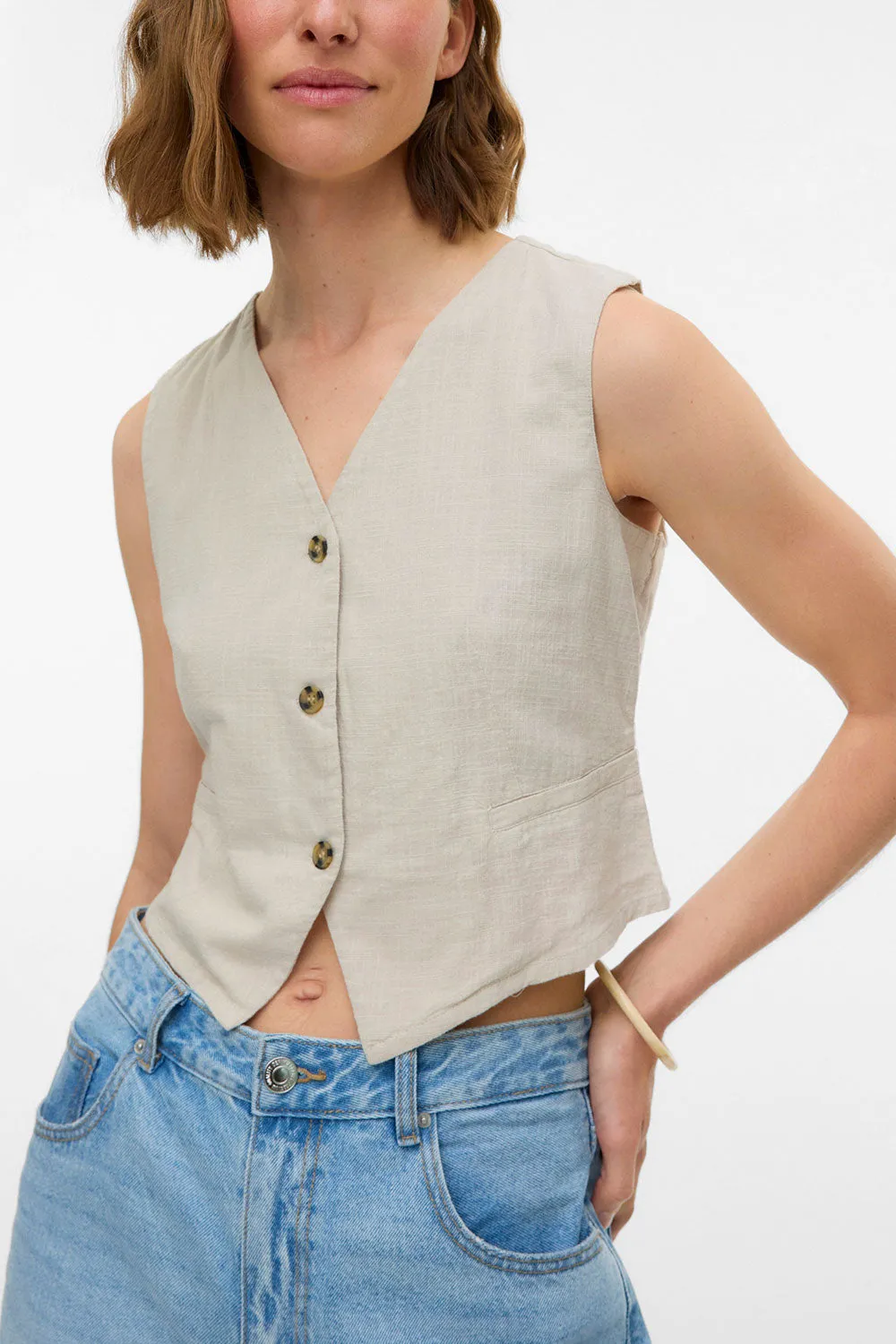 Deng Beige | Sleeveless Tailored Vest with Marbled Buttons sold by Boutique 1861 product image thumbnail 2