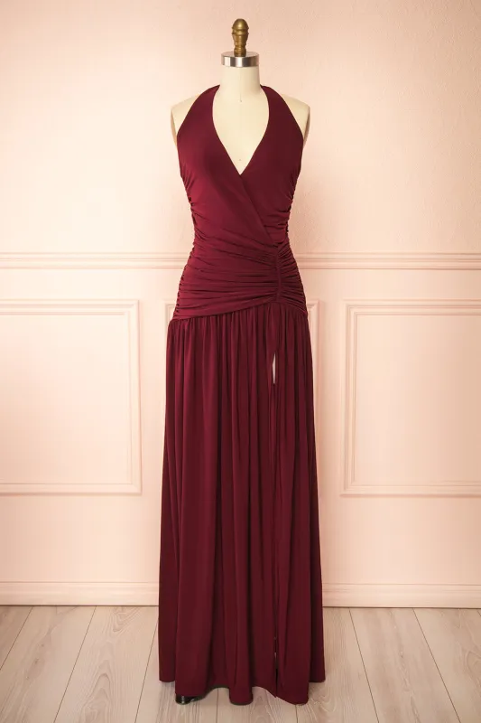 Khanita Burgundy | Drop Waist Dress with Slit sold by Boutique 1861