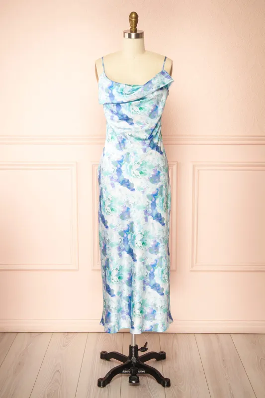 Theana | Long Dress with Blue Floral Pattern sold by Boutique 1861