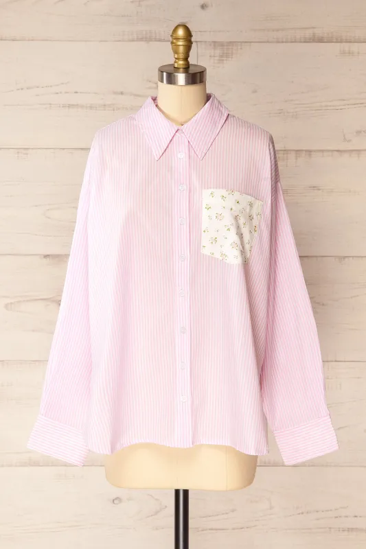 Thame Pink | Striped Shirt with Contrasting Floral Pocket sold by Boutique 1861