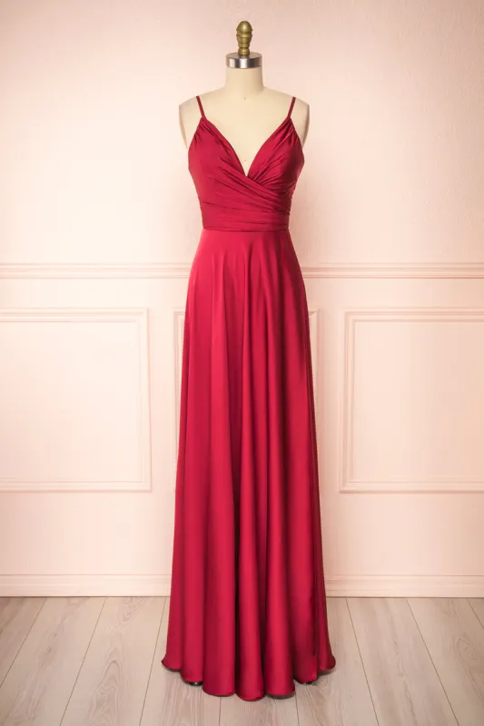 Lizza Burgundy | Satin Maxi Dress w/ Slit sold by Boutique 1861