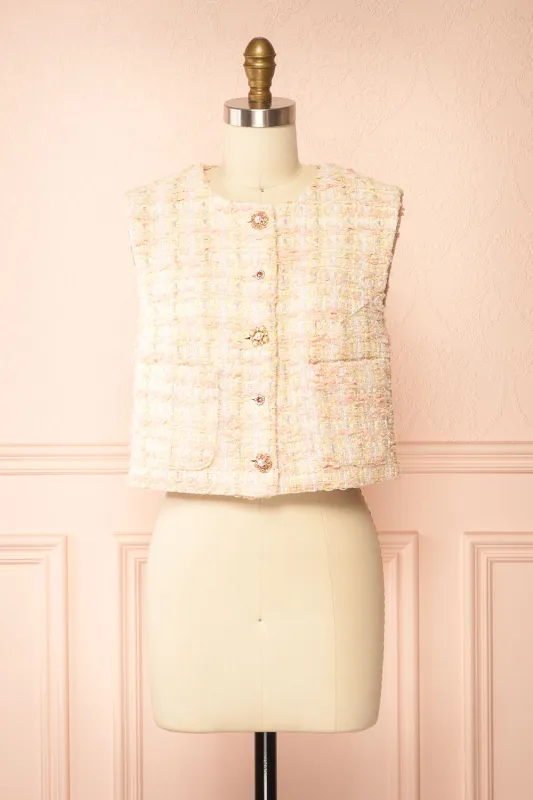 Franca | Pink Tweed Sleeveless Top with Rhinestone Buttons sold by Boutique 1861