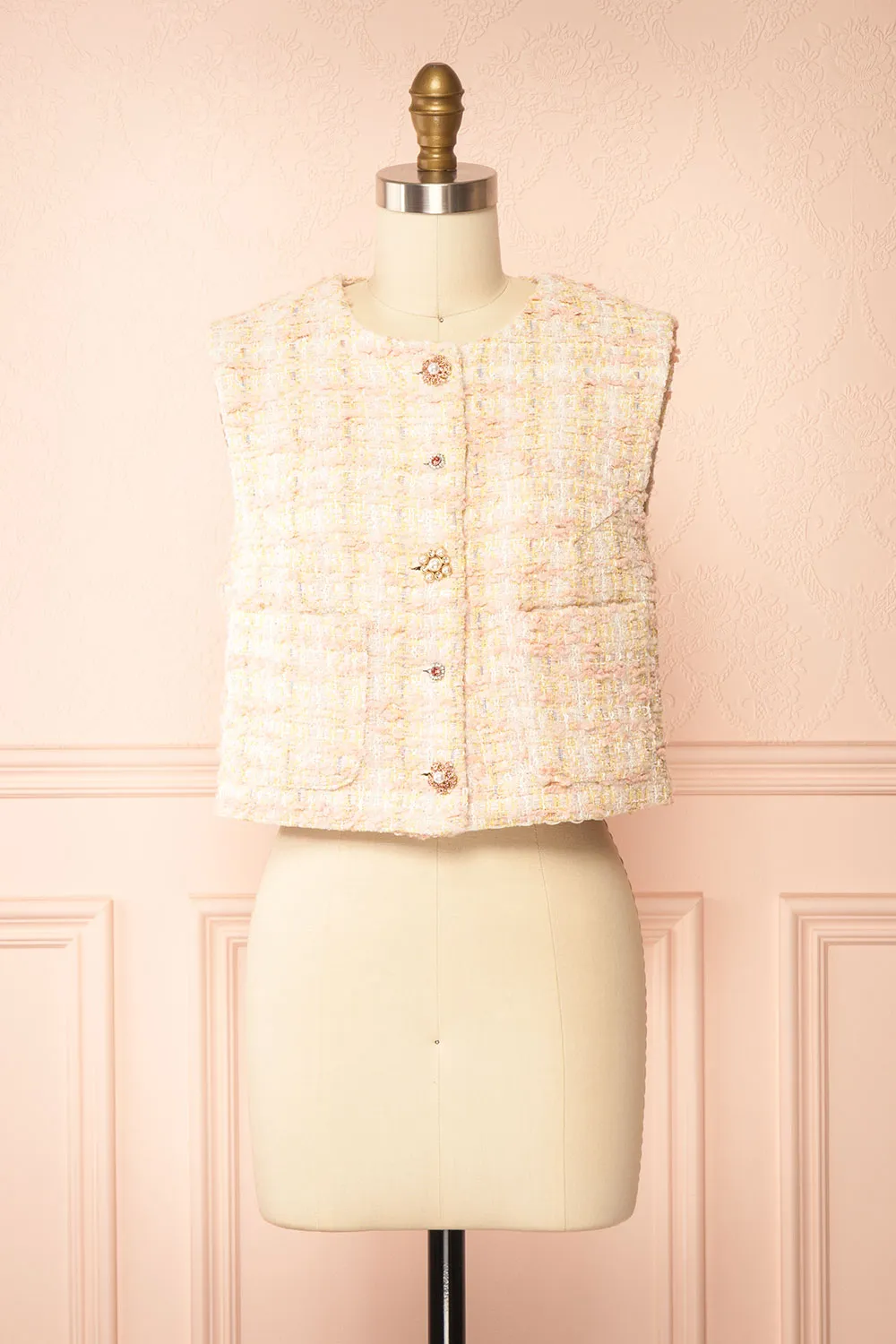 Franca | Pink Tweed Sleeveless Top with Rhinestone Buttons sold by Boutique 1861