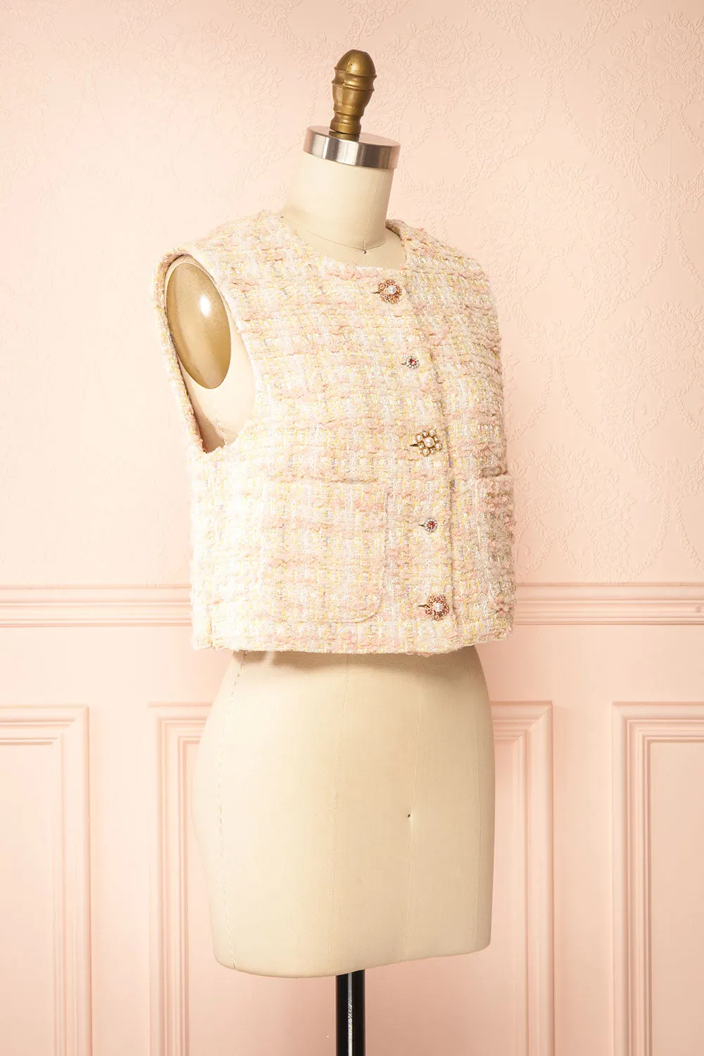 Franca | Pink Tweed Sleeveless Top with Rhinestone Buttons sold by Boutique 1861 product image thumbnail 4