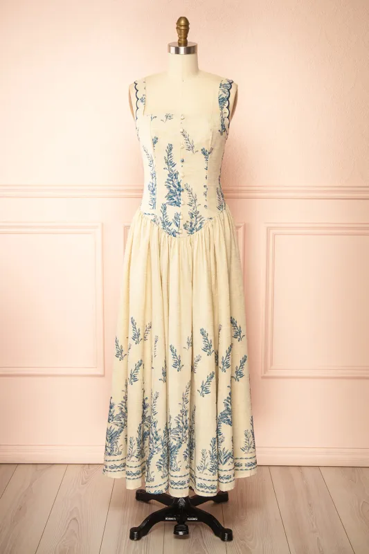 Anthea | Beige Floral Long Dress with Scalloped Straps sold by Boutique 1861