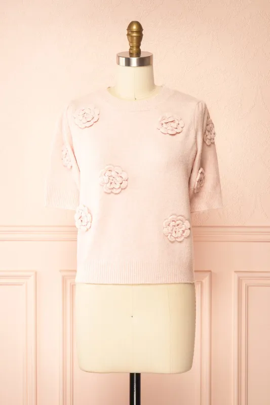 Zuniki Pink | Knit Top with Crochet Flowers sold by Boutique 1861