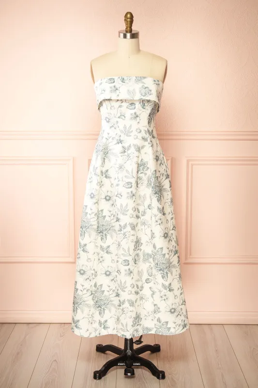 Louna Blue | Strapless Floral Faux Linen Dress sold by Boutique 1861