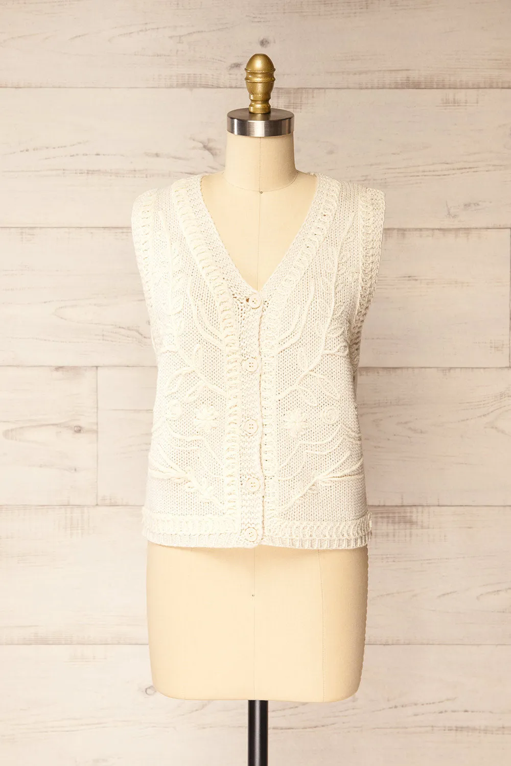 Nampa | Ivory Knit Sleeveless Vest with Embroidery sold by Boutique 1861