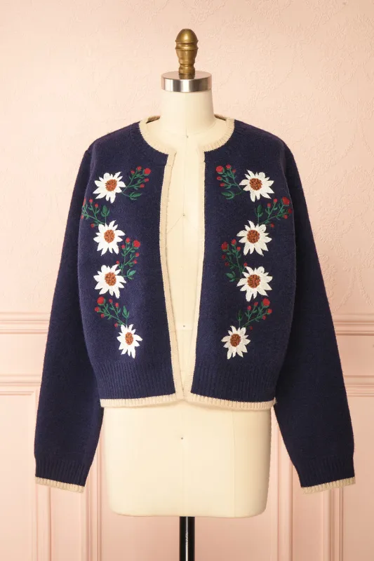 Dorianna Navy | Floral Embroidered Cardigan sold by Boutique 1861