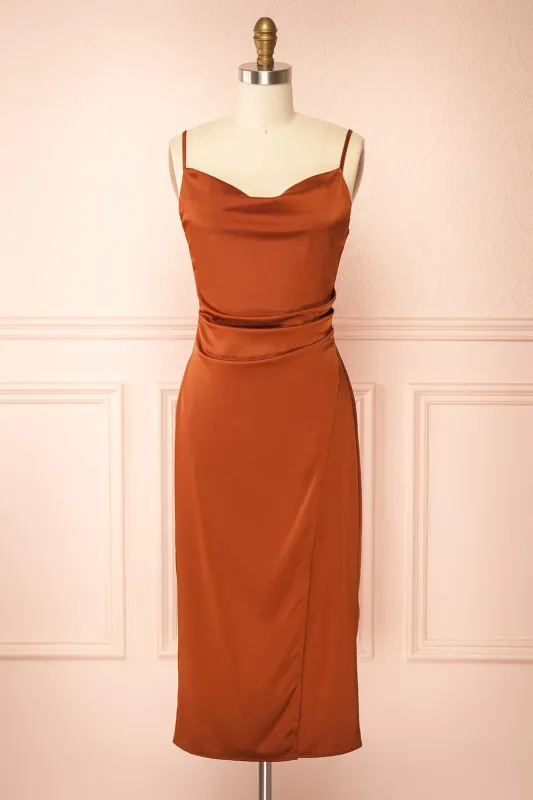 Chloe Rust | Cowl Neck Satin Slip Dress sold by Boutique 1861