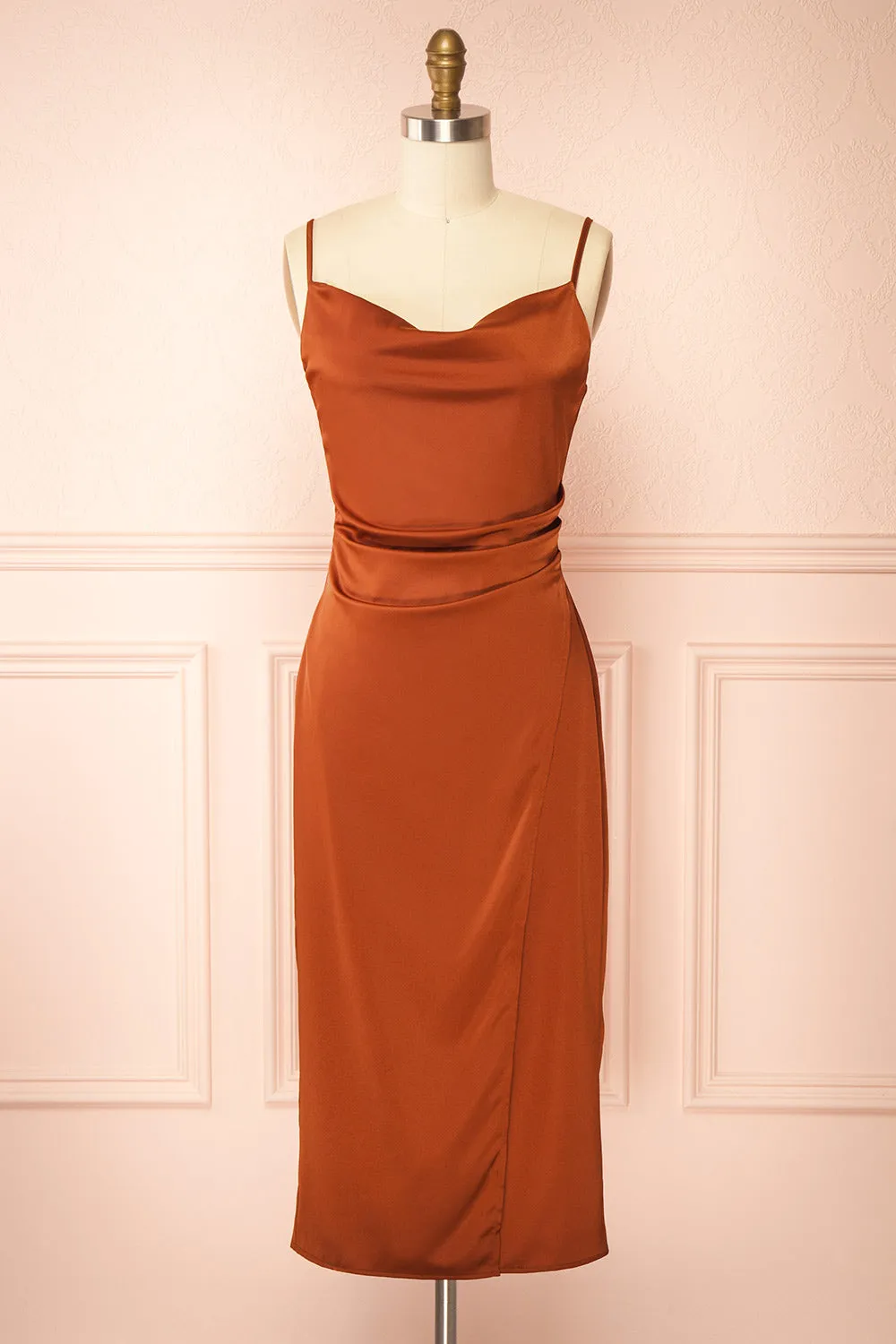 Chloe Rust | Cowl Neck Satin Slip Dress sold by Boutique 1861