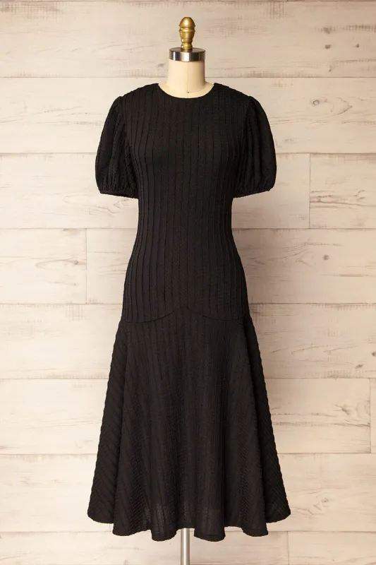 Lenexa | Black Midi Dress with Puff Sleeves sold by Boutique 1861