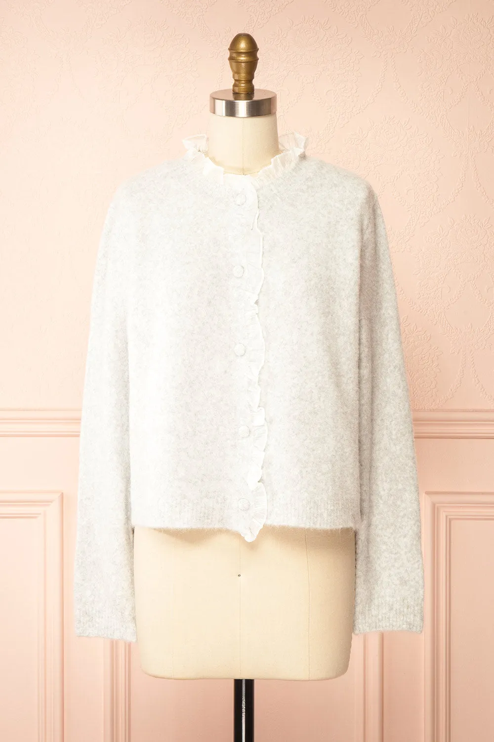 Zamina | Grey Cardigan with Ruffles Trim sold by Boutique 1861