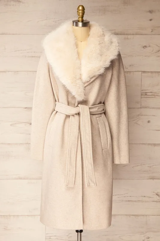 Veracruz | Beige Coat with Faux Fur Collar sold by Boutique 1861