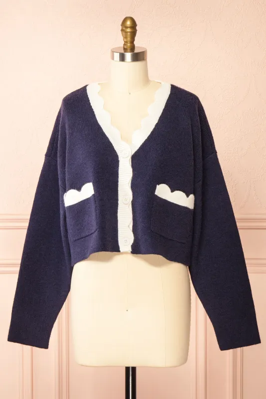 Sayda Navy | Cropped Cardigan with Scalloped Hem sold by Boutique 1861