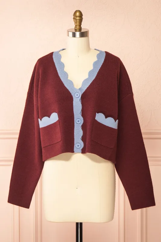 Sayda Burgundy | Cropped Cardigan with Scalloped Hem sold by Boutique 1861