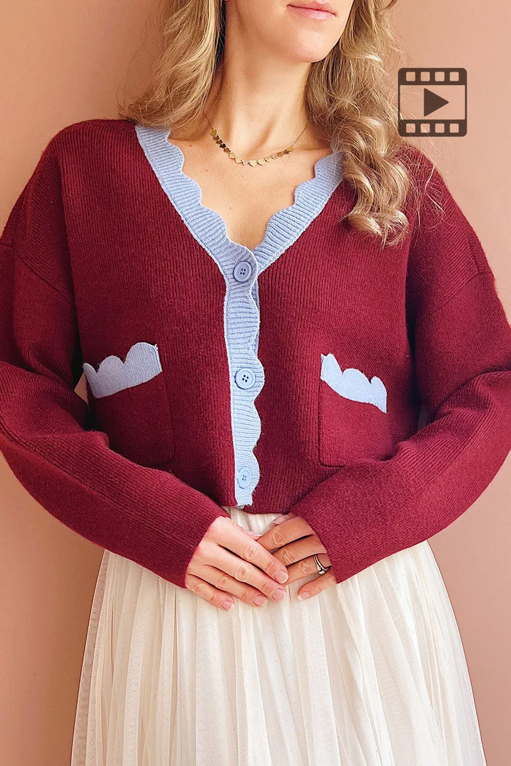 Sayda Burgundy | Cropped Cardigan with Scalloped Hem sold by Boutique 1861 product image thumbnail 2