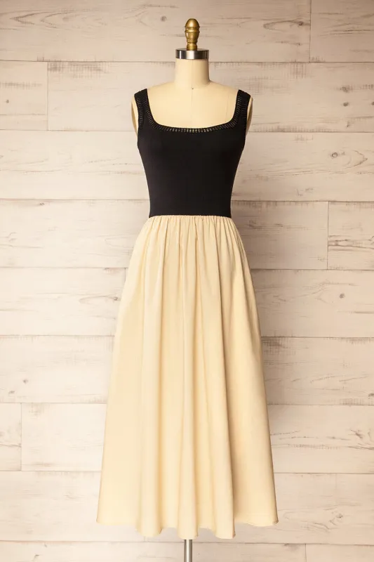 Dover Beige | Long Linen and Knit Dress with Pockets sold by Boutique 1861