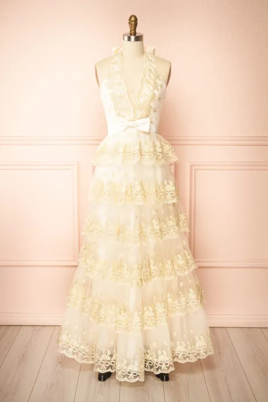 Demera | Ivory Tiered Embroidered Tulle Maxi Dress sold by Boutique 1861