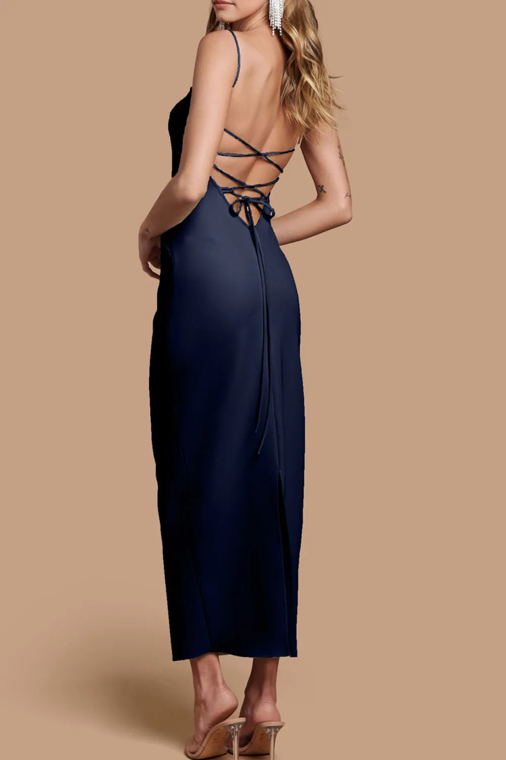 Arannia Navy | Fitted Midi Dress with Laced Back sold by Boutique 1861 product image thumbnail 2