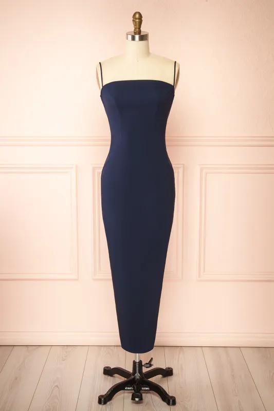 Arannia Navy | Fitted Midi Dress with Laced Back sold by Boutique 1861