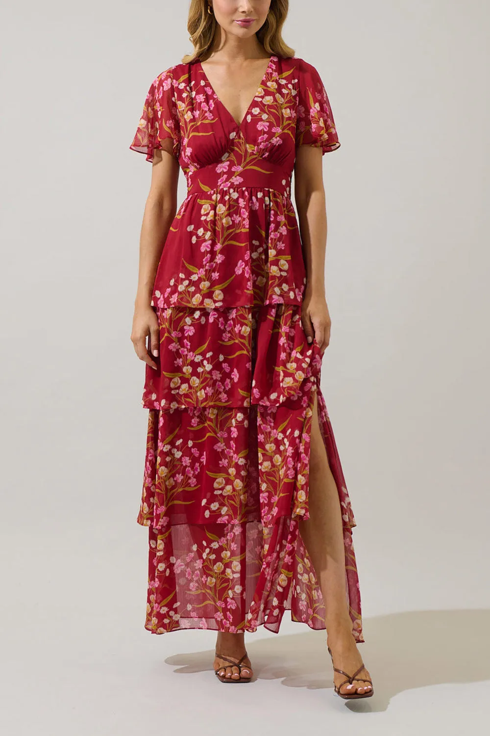 Ginna | Tiered Burgundy Maxi Dress with Floral Pattern sold by Boutique 1861 product image thumbnail 3