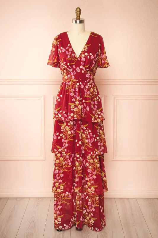 Ginna | Tiered Burgundy Maxi Dress with Floral Pattern sold by Boutique 1861