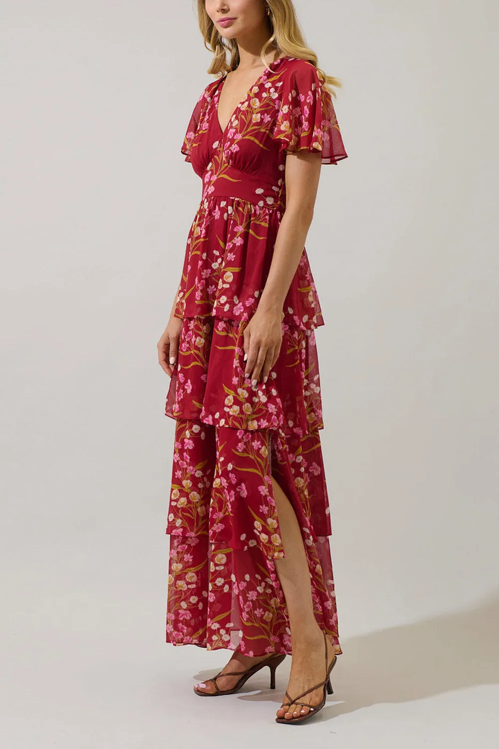 Ginna | Tiered Burgundy Maxi Dress with Floral Pattern sold by Boutique 1861 product image thumbnail 4