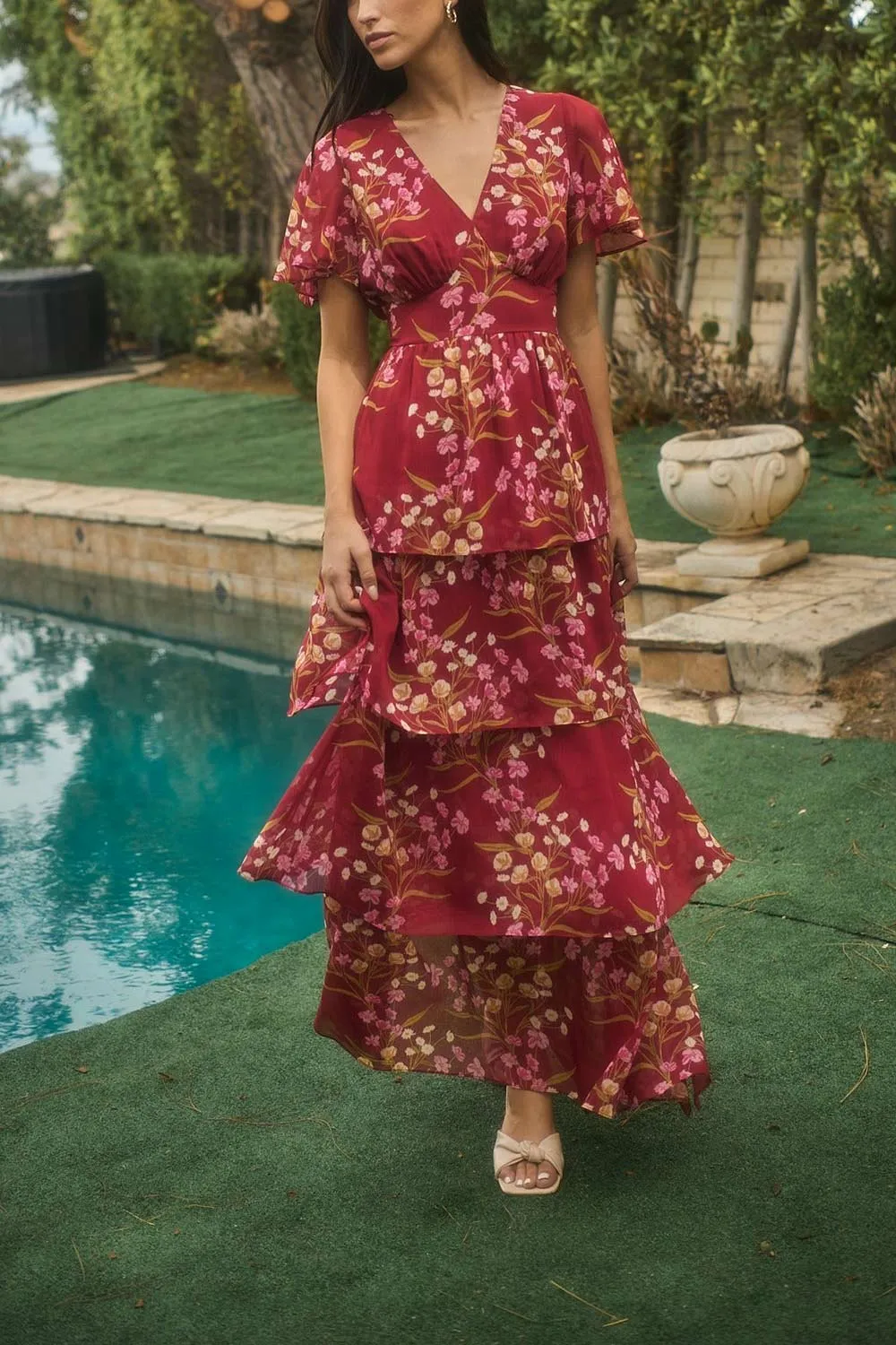 Ginna | Tiered Burgundy Maxi Dress with Floral Pattern sold by Boutique 1861 product image thumbnail 2
