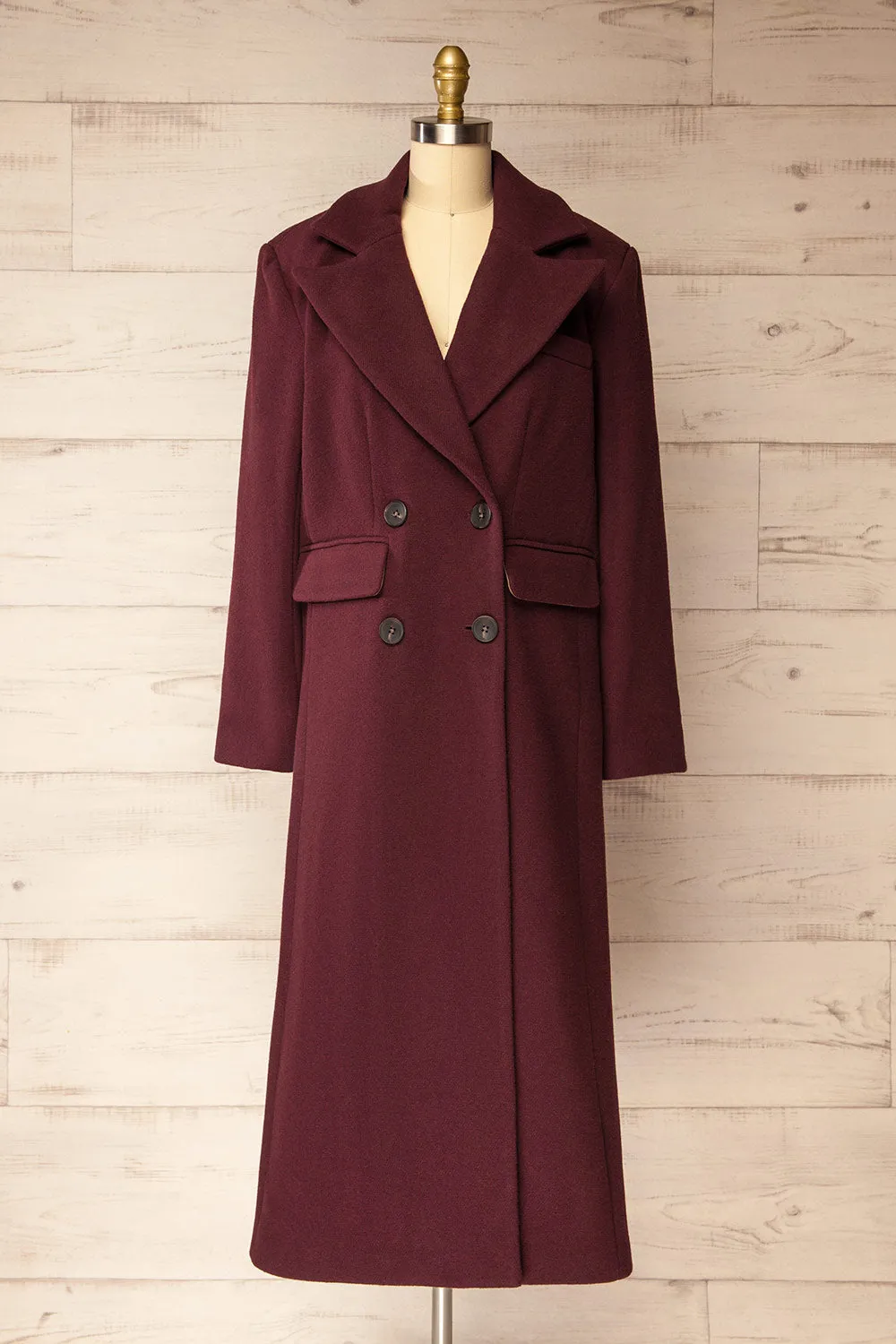 Lagos | Long Burgundy Coat with Lapel Collar sold by Boutique 1861