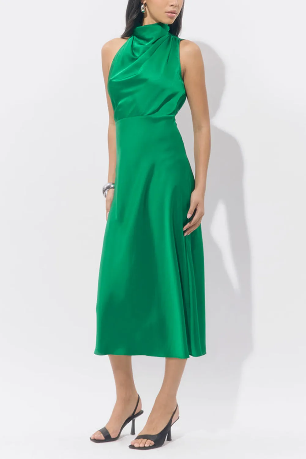 Khaoula | Green Satin Asymmetrical Halter Neck Dress sold by Boutique 1861 product image thumbnail 4