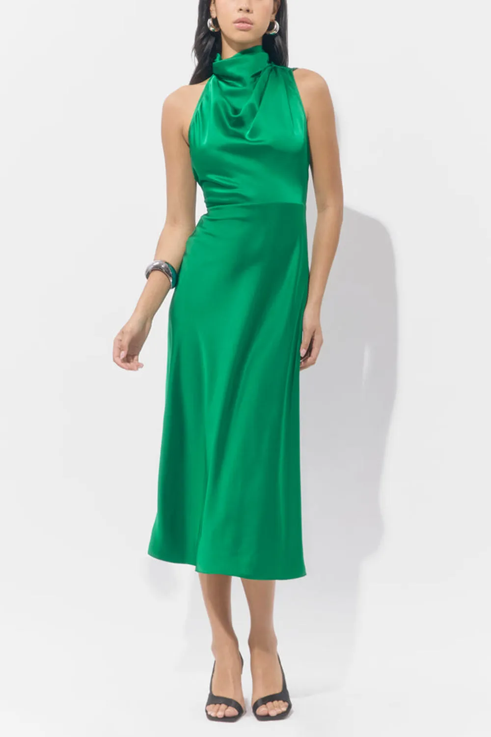Khaoula | Green Satin Asymmetrical Halter Neck Dress sold by Boutique 1861 product image thumbnail 3